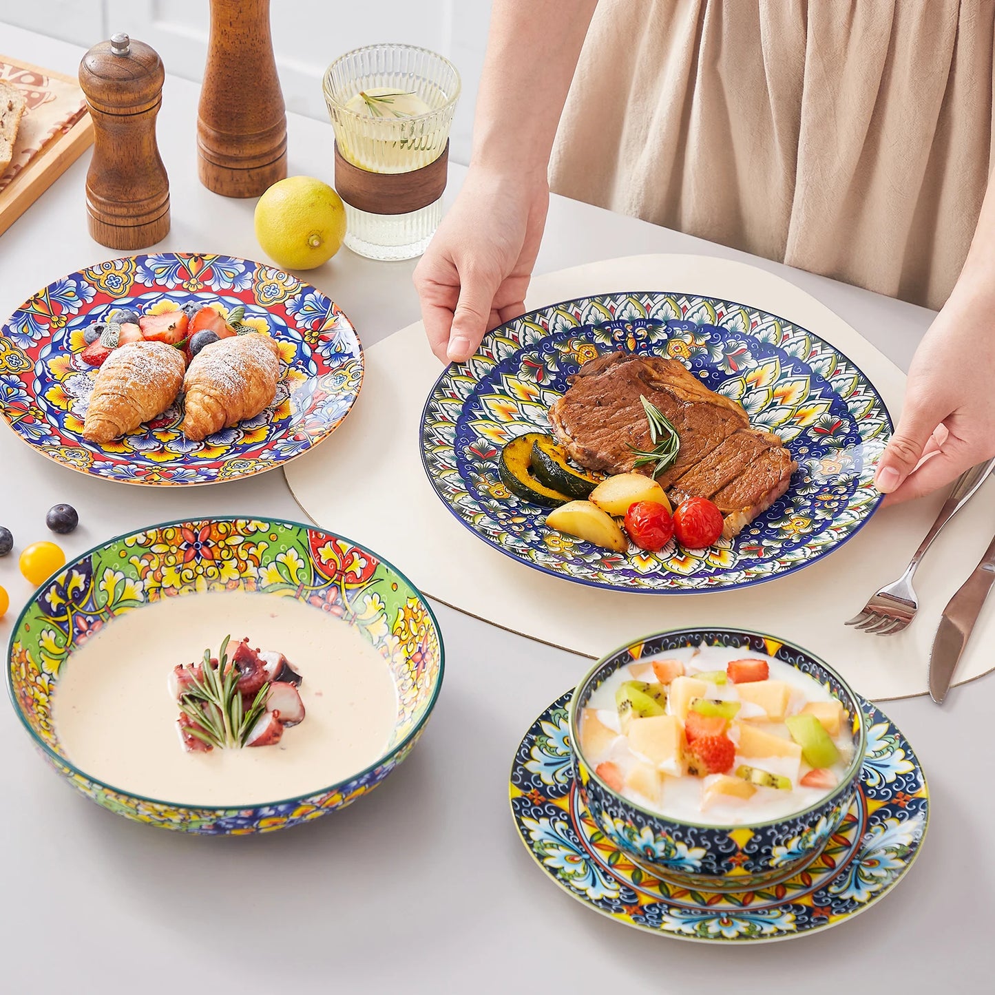 "Soloria – 24-Piece Boho Ceramic Dinnerware Set"