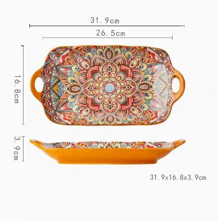BohoHarvest – 12" Double-Ear Ceramic Fish & Veggie Platter