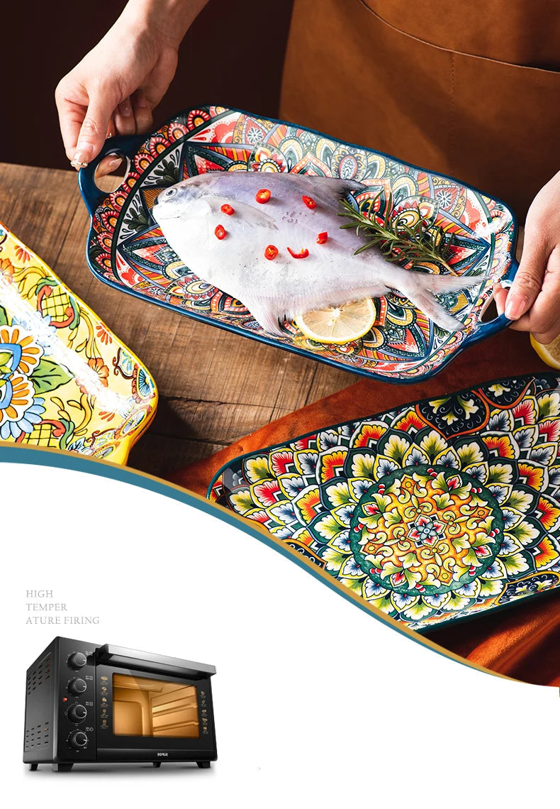 BohoHarvest – 12" Double-Ear Ceramic Fish & Veggie Platter