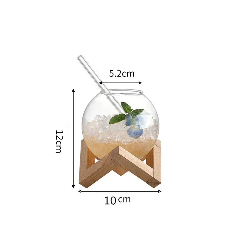 Luna Sphere Glass – 475ml Nordic Ball Cup with Wooden Stand & Straw