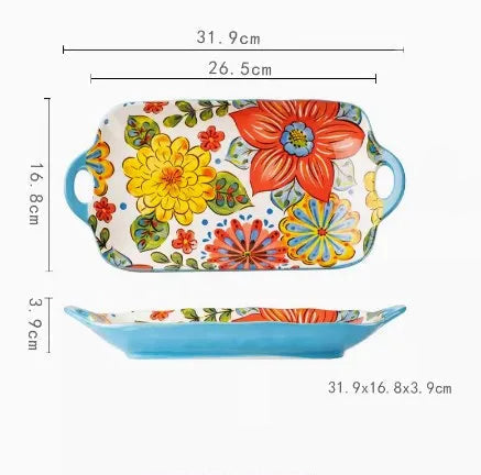 BohoHarvest – 12" Double-Ear Ceramic Fish & Veggie Platter