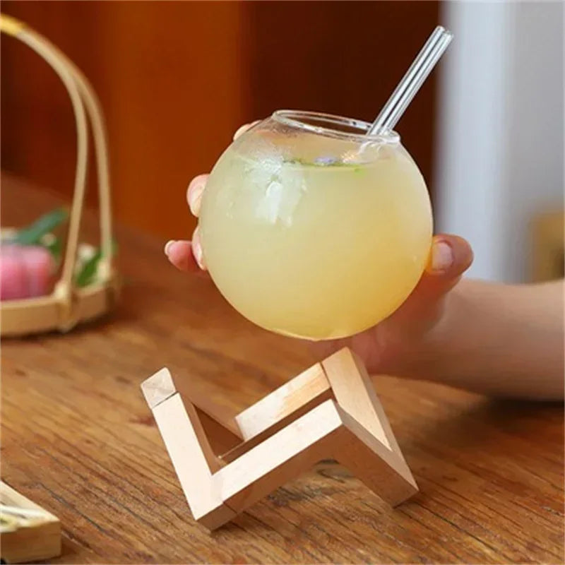 Luna Sphere Glass – 475ml Nordic Ball Cup with Wooden Stand & Straw