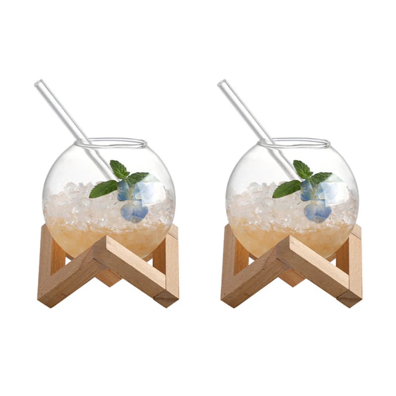 Luna Sphere Glass – 475ml Nordic Ball Cup with Wooden Stand & Straw