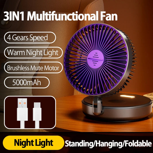 BreezeMate 3in1 🌙 – Rechargeable Multifunctional Fan with Warm Night Light