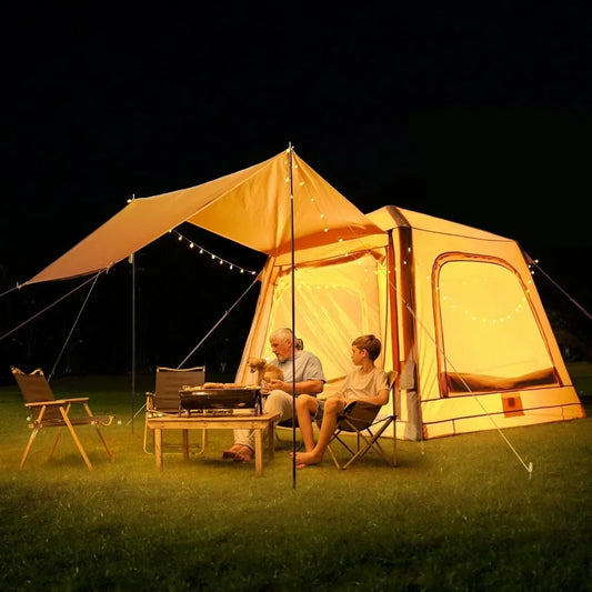 2-Min Instant Inflatable Camping Tent with Stove Jack & Canopy – Waterproof Oxford Canvas
