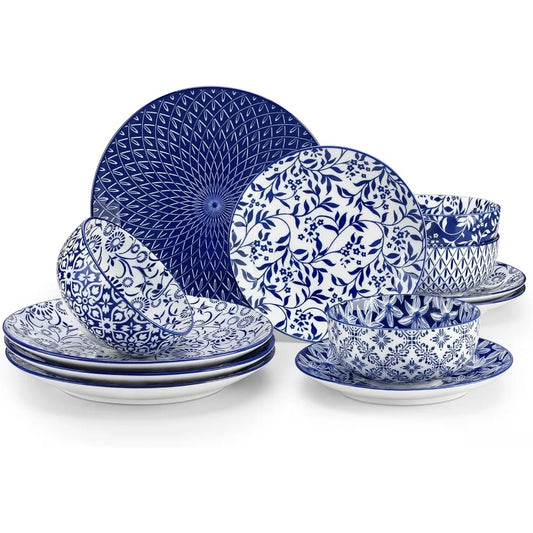 🌙 Selene Serenity – 12pcs Blue & White Porcelain Dinnerware Set 🍽️💙