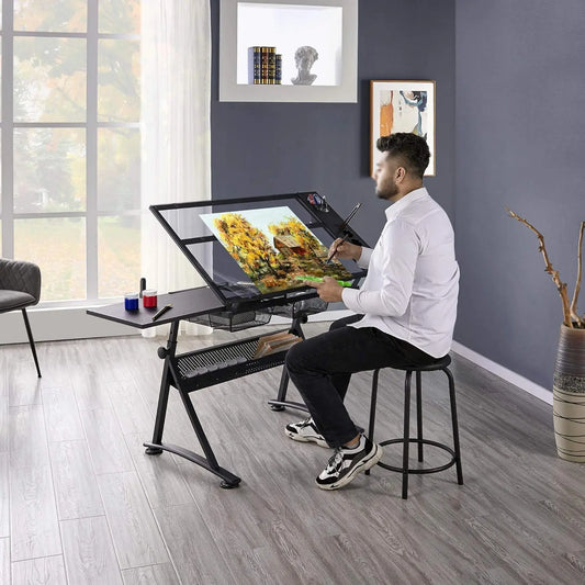 ClearVista Studio Pro – Adjustable Glass Drafting Desk Set