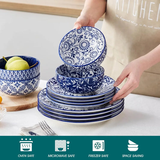 🌙 Selene Serenity – 12pcs Blue & White Porcelain Dinnerware Set 🍽️💙