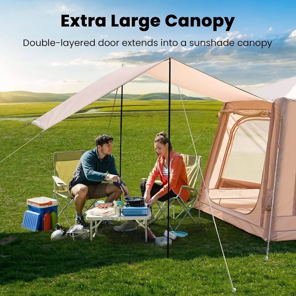 2-Min Instant Inflatable Camping Tent with Stove Jack & Canopy – Waterproof Oxford Canvas