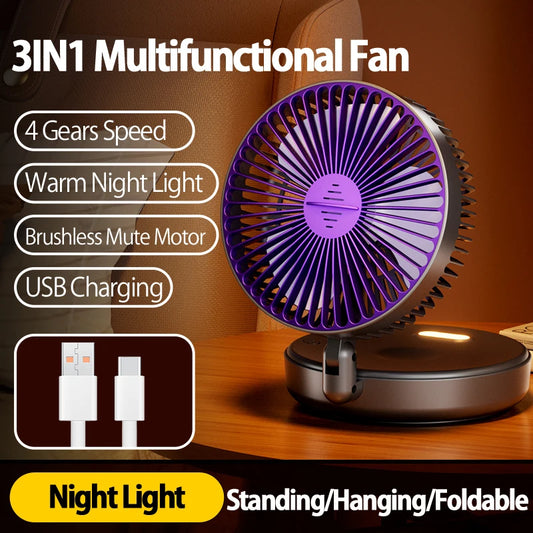 BreezeMate 3in1 🌙 – Rechargeable Multifunctional Fan with Warm Night Light